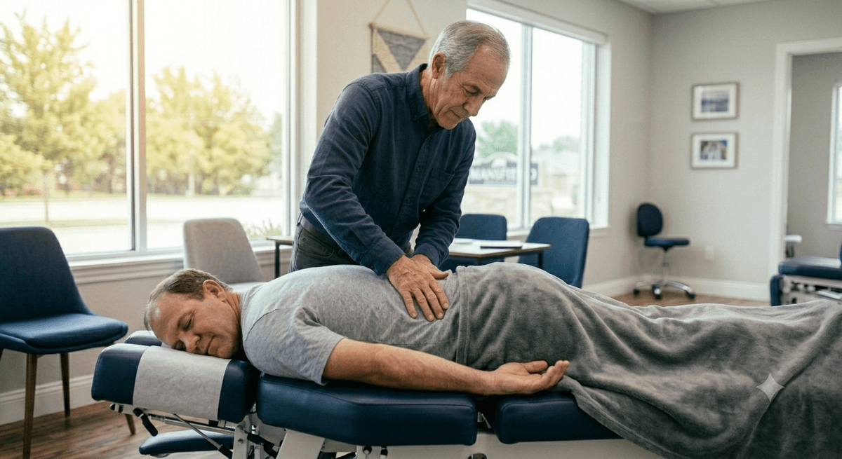 Chiropractor performing a gentle lower back adjustment for pain relief