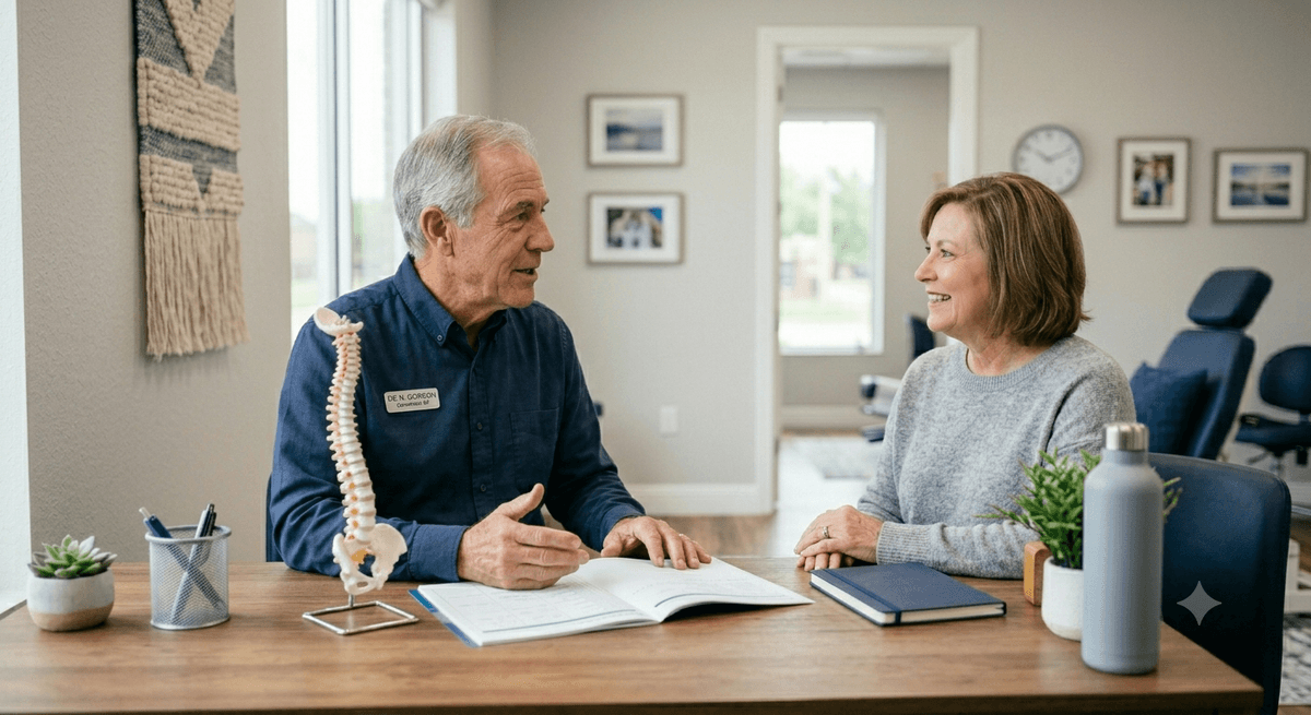 Chiropractor discussing health history with a new patient during a first visit consultation