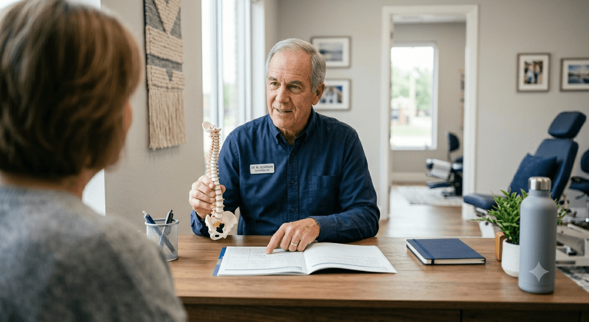 Chiropractor explaining spine health to a patient in Mansfield, Texas
