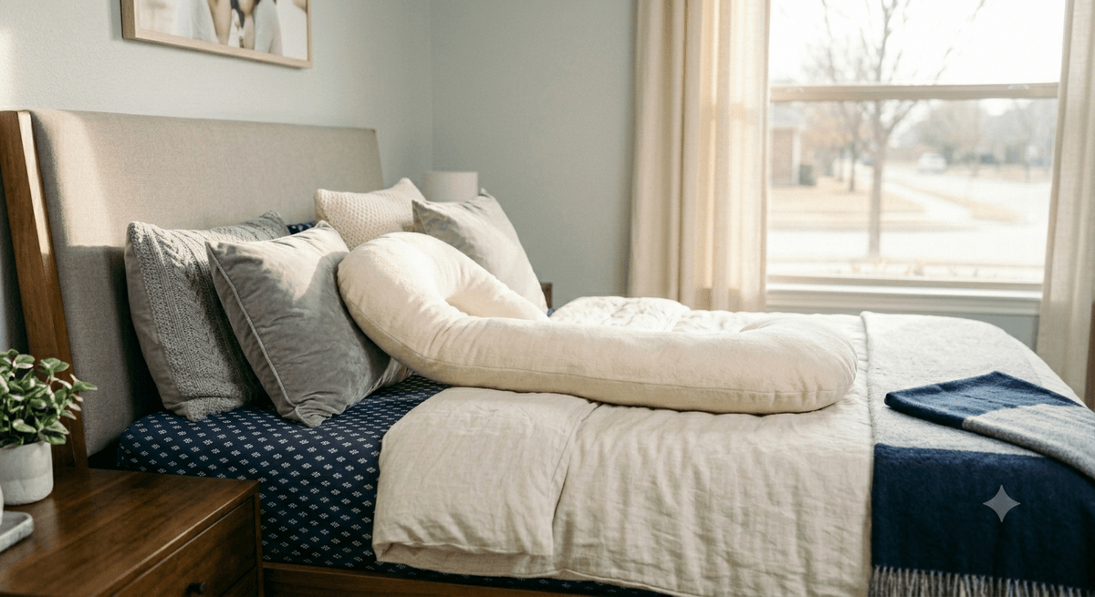 Full-length pregnancy pillow arranged to support the back and belly during sleep